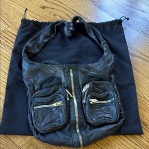 Alexander Wang Black Leather Messenger Bag with Gold Zippers